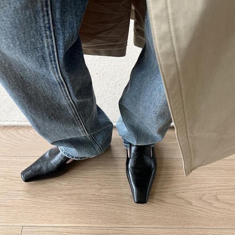 Sheepskin~ Genuine Leather Square Head Wedge Heel Female Lazy Person One-pedal Women's Shoes Retro Small Leather Shoes