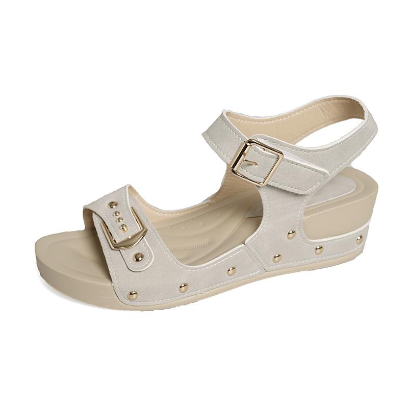 Summer new European and American muffin thick-soled wedge sandals Velcro large-size rivet flat-bottomed fish mouth sandals 36