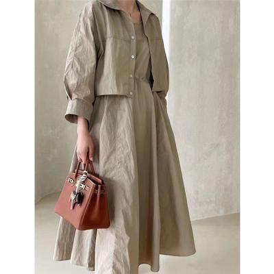 Summer 2 Pieces Women's Dress Suits Turn-down Short Jacket and Solid Casual Tank Dress Sets Outfits  Spring