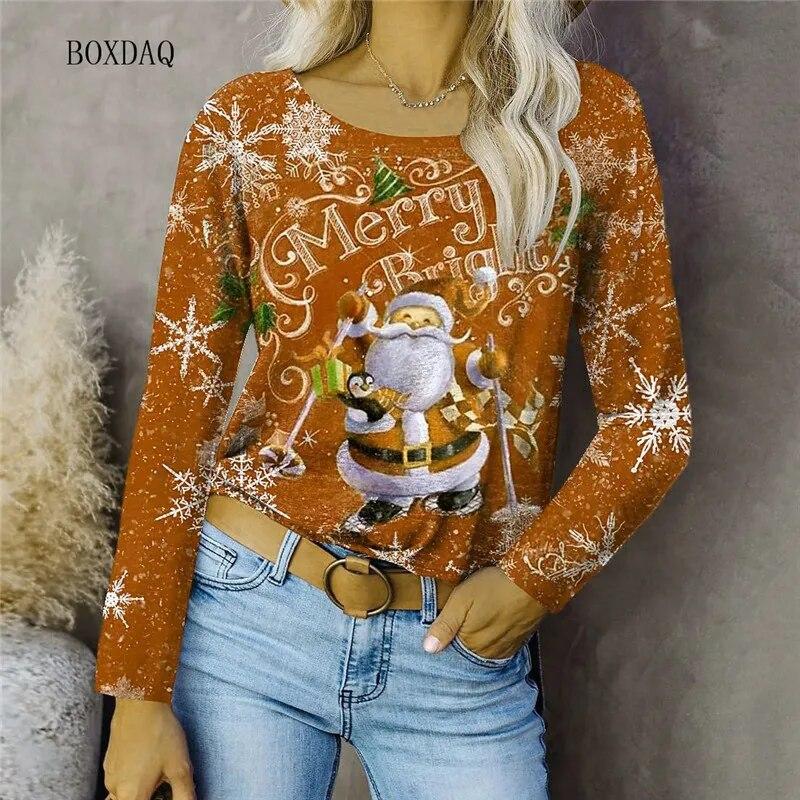 Cartoon Santa Claus And Snowflakes Pattern Women Fashion T-shirts Autumn Winter Long Sleeve 3d Print Christmas Street Lady Tops