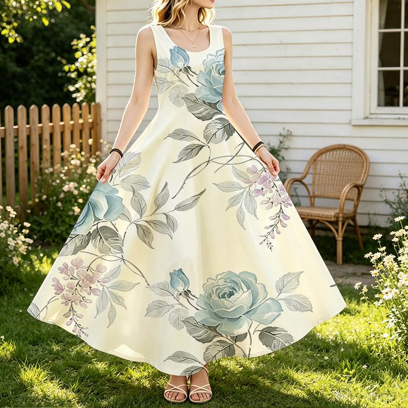 Women's Fashion U Neck Sleeveless Maxi Dress Lightweight Skin-friendly Floral Design for Beach Vacation,Summer Casual Outings,Daily Shopping