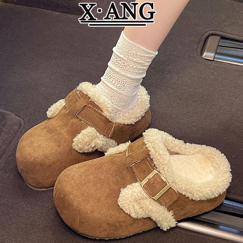 cm heightening thick-soled lamb wool shoes children's velvet warm cotton shoes leather bag head slippers outer wear