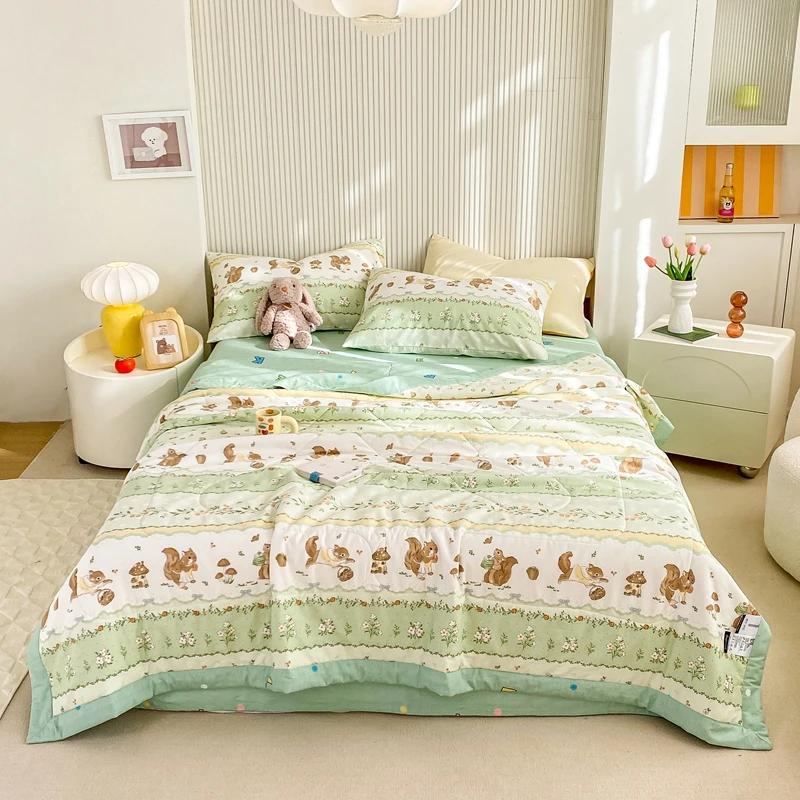 Fresh Floral Quilt 100% Cotton Flowers Print Air Conditioning Quilted Quilt Soft Breathable Lightweight Multifunction Blanket
