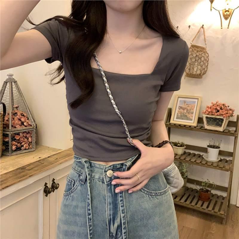 

2024 Korean Square Collar Pleated Slim Fit Short-Sleeve Women s Top X-Large серый
