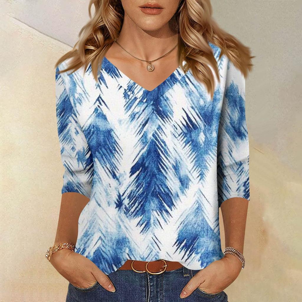 Women's Fashion Casual Three-quarter Sleeve Tie-Dye Printed Round Neck Top