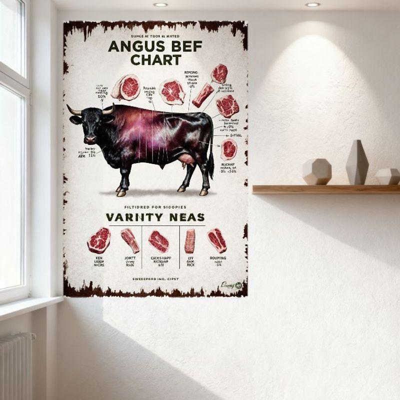 Vintage Angus Beef Chart Metal Sign, Black Angus Bull Cuts Info Tin Poster, Distressed Old Poster Style Wall Decor for Kitchen B