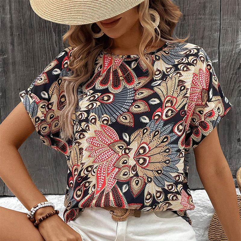 Ladies Summer Short Sleeve O Neck Holiday Printed Pullover  Shirt Top
