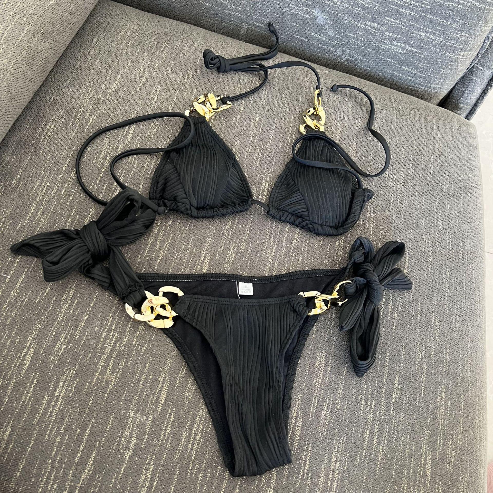 

2025 European & American Sexy Split Bikini Swimwear with Chain Details Medium чёрный