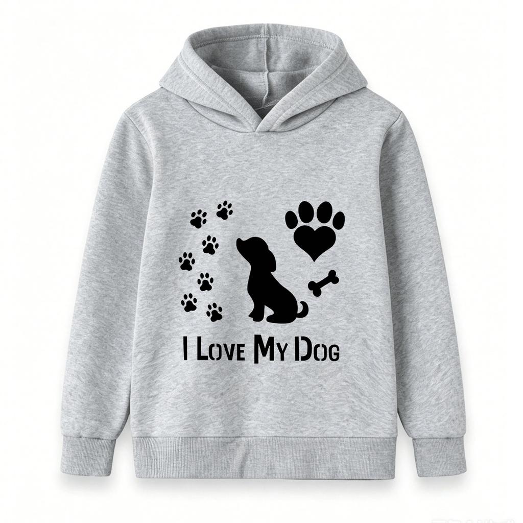 Kids Boys Girls 100% Cotton Crew Neck Short Sleeve T-Shirt, I Love My Dog Paw Print Heart Bone Pattern Casual Soft Tee for Children Daily Wear Puppy L