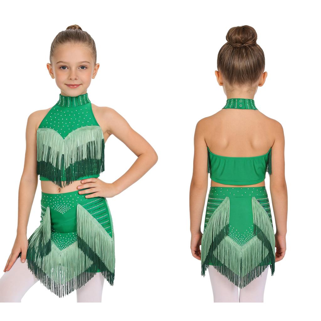 Eye-Catching Latin Dance Top with Skirt for Girls: Halter Neck Rhinestone Tassel Crop Top & Attached Briefs Skirt for Recital
