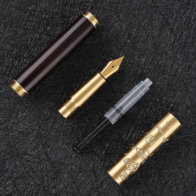 Retro Brass & Sandalwood Pocket Fountain Pen Set – Signature Calligraphy and Business Office Gift.