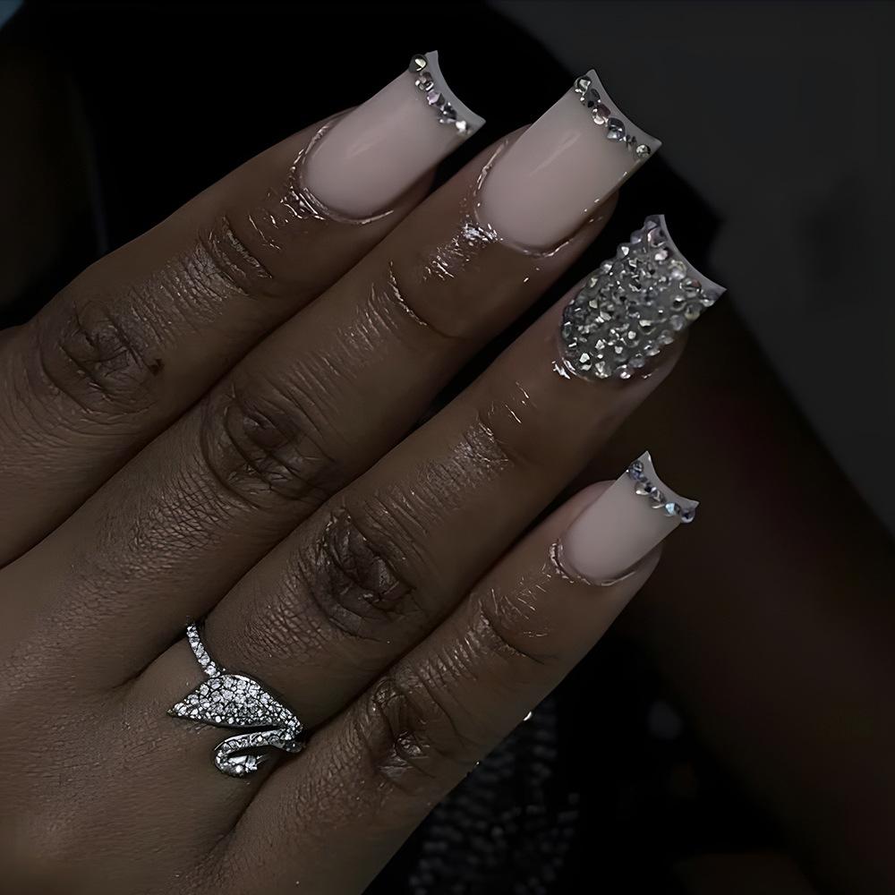 24Pcs Nude White French Fake Nail Short Square Nail Tips Fashion Wearable False Nails with Glue Simple Full Cover Press on Nails