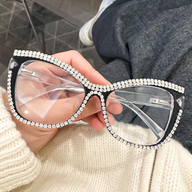Large Frame Cat-Eye Anti-Blue Light Reading Glasses with Handmade Diamond Decoration