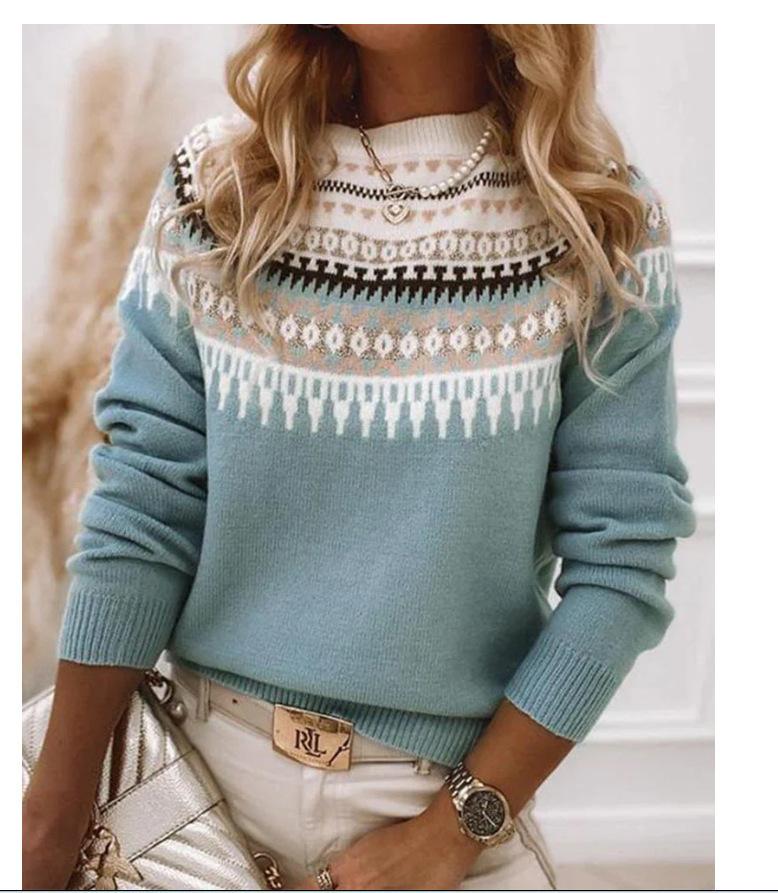 Winter Round Neck Color Blocked Loose Fashion Pullover Knitted Sweater Top For Women
