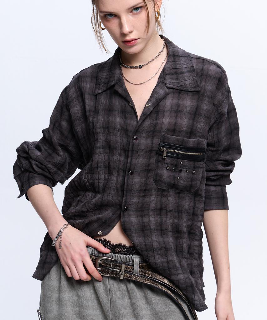 Aleseueseussi Rivet Zipper Check Shirt - Charcoal