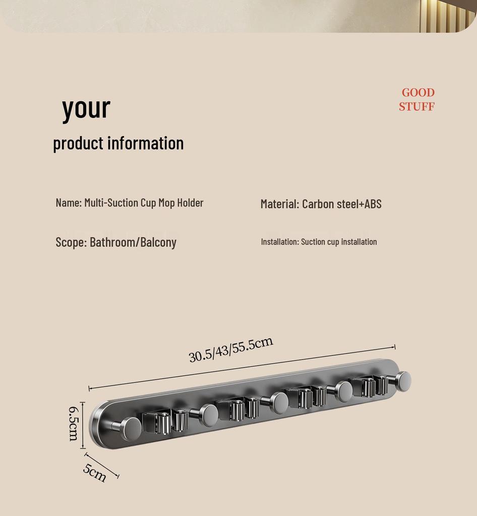 Držák na mop a koště se sacími přísavkami bez vrtání pro koupelnové úložné prostory