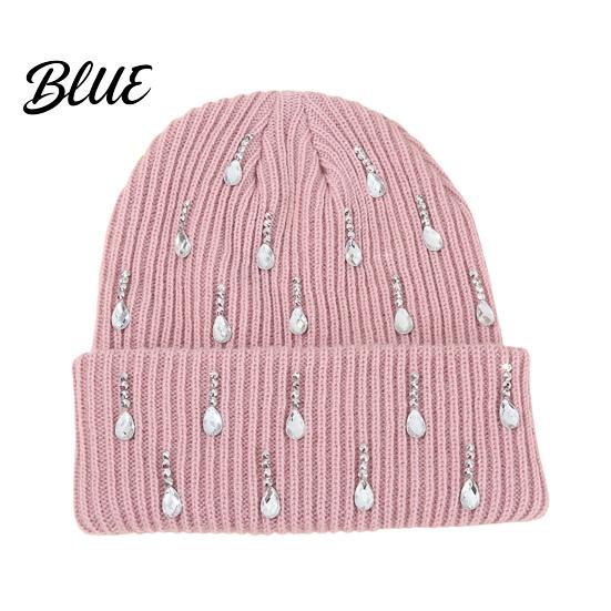Holiday Gift for Women Waterdrop Rhinestone Knit Hat, Bling Stretchy Winter Cuffed Knitted Stylish Hat Skull Cap Men Cold Weather Daily Wear