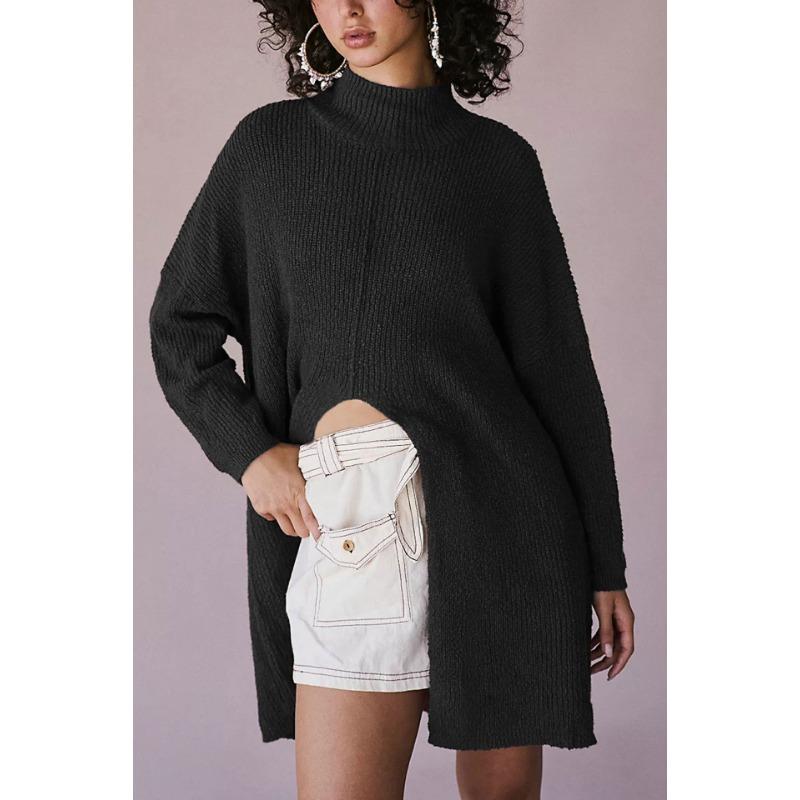 Autumn and Winter Women's Solid Colour Street Fashion Mid-Length Split Sweater