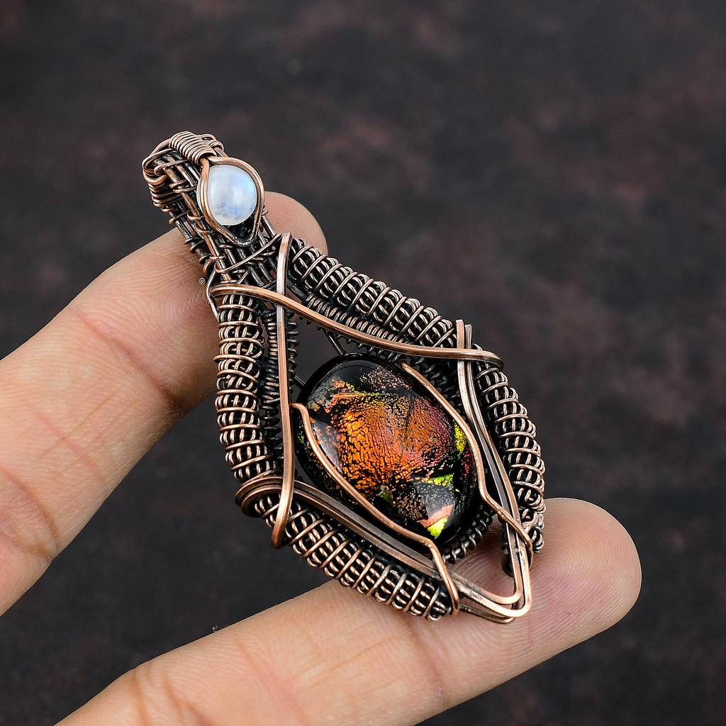 American Dichroic Glass Gemstone Pendant Copper Wire Wrapped Jewelry Rainbow Moonstone Pendant Handmade Jewelry Copper Pendant Gift For Him