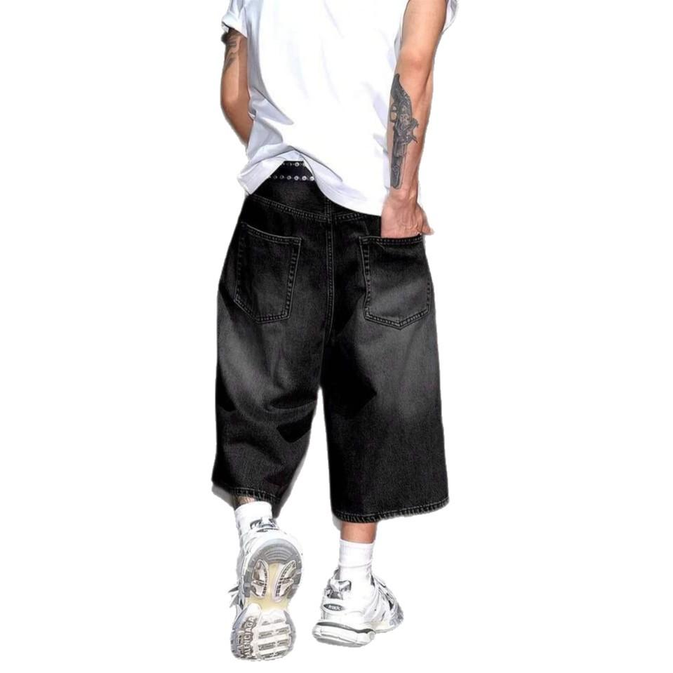 Men's Street Trend Denim Cropped Pants Black Old Loose Edition Summer Casual Jeans