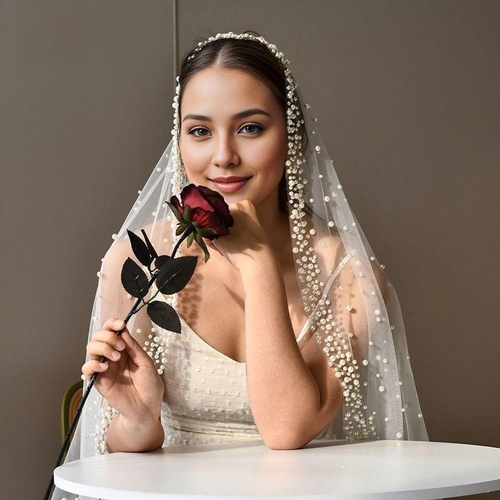 130cm Pearls Tulle Bridal Veil Vintage Waist Length Drop Veil Long Wedding Veil  Wedding Dress