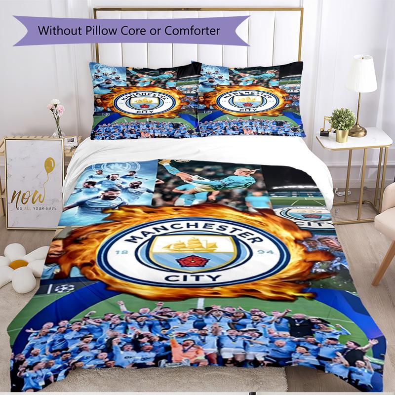 3pcs Duvet Cover Set (1*Duvet Cover + 2*Pillowcase, Without Core), Manchester City FC Print Soft All‑Season Bedding Set, Home Bedroom Decor Gift