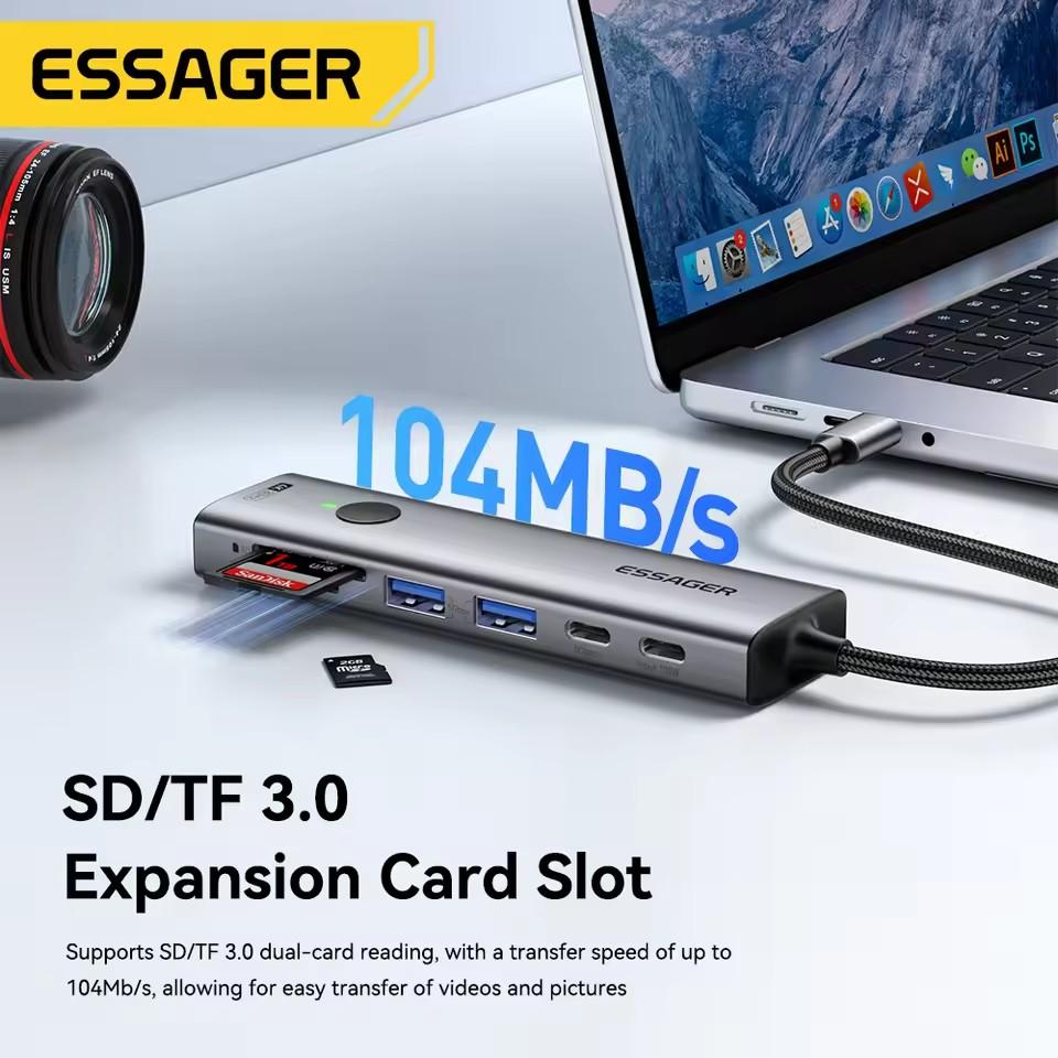 Essager 7 in 1 Typ C auf USB 3.0 Hub Erweiterungs-Dock-Adapter Typ C auf 4K@30Hz HDMI PD100W Lade-Dockingstation unterstützt SD/TF lesen