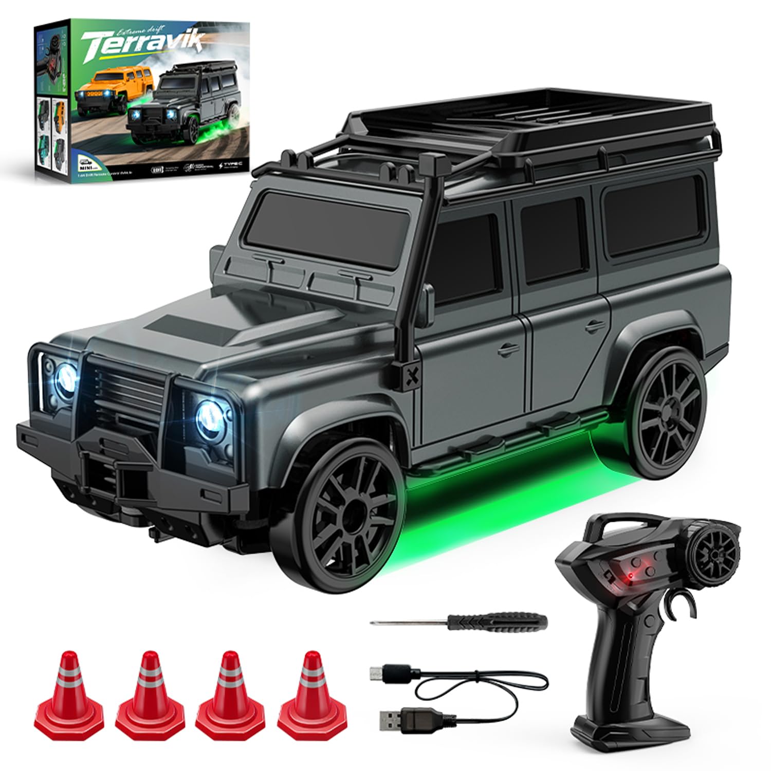 

1:Радиоуправляемый внедорожник Jeep масштаба 1:64, мини-дрифт-кар для рабочего стола для детей, перезаряжаемый через USB, светодиодный дисплей, прост в использовании, отличный подарок для детей (E87 Серый)