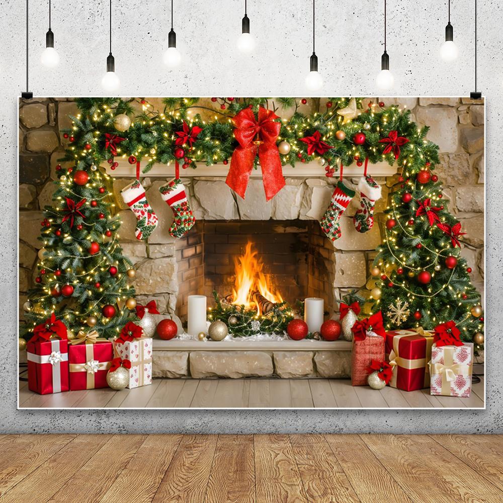 Yeele Christmas Fireplace Shooting Backdrop Red Bow Socks Wreath Xmas Tree Gifts Kids Family Portrait Home Decoration Background