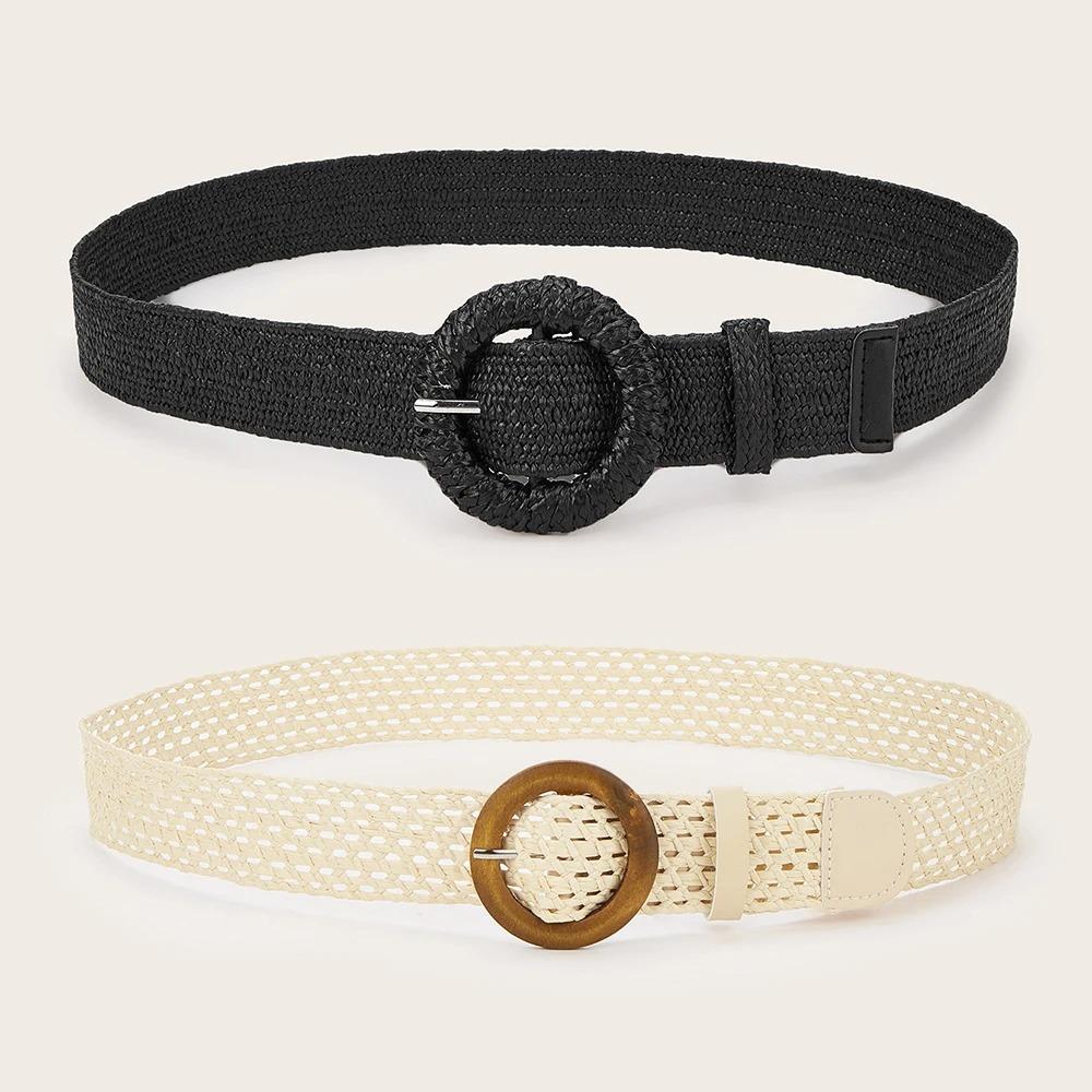 Round Buckle Waist Belt Straw Braided Belt Retro Woven Waistband for Holiday