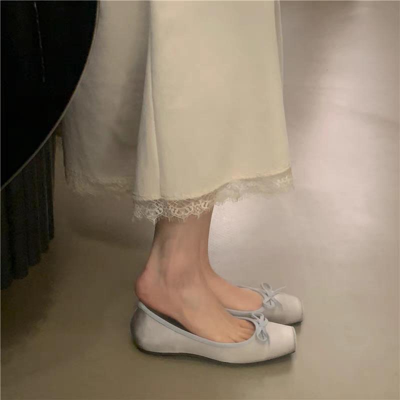 Fashion Flat Single Shoes Women Fashion Square Head Shallow Mouth Fabric Butterfly Knot Soft Sole Anti-slip Wear-resistant Low-top Shoes