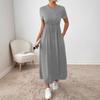 Crew Neck Solid Color Dress - Short Sleeve Drawstring Waist Side Pocket Shift Dress, Casual Breathable Cotton Tunic, Minimalist Everyday Outfit