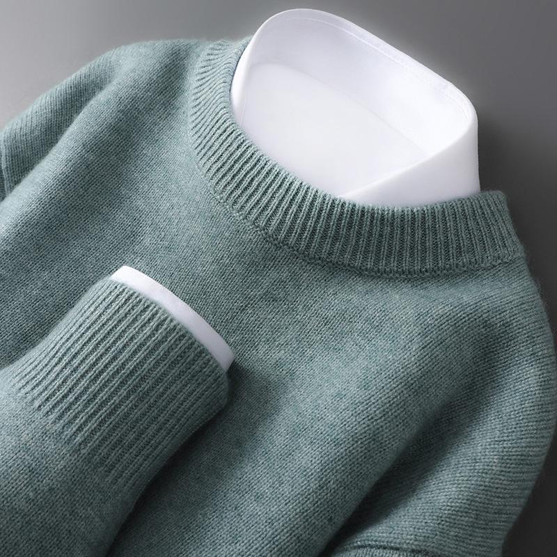 Herren Pullover aus reiner Wolle, schwer, Rundhalsausschnitt, lockere Passform, warm, einfarbig, ideale Basisschicht für Herbst/Winter.