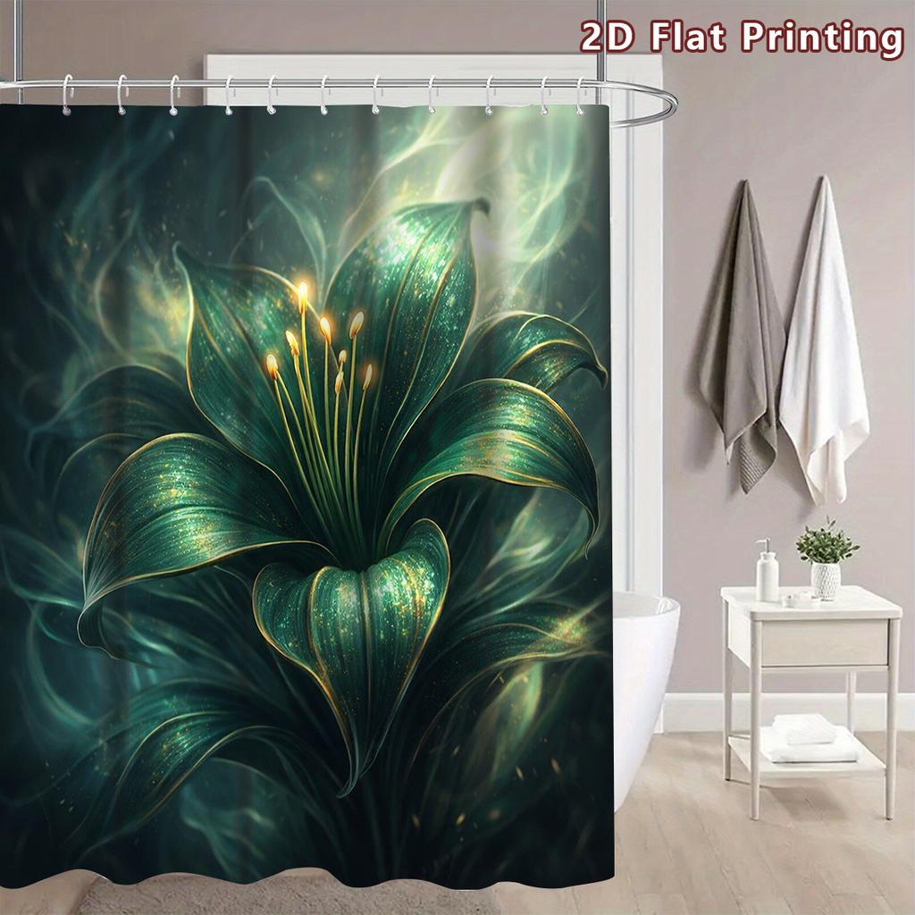 4Pcs Enchanted Lily Shower Curtain Set with Non-Slip Bath Mat, Toilet Lid Cover, Contour Rug & 12 Hooks, Bathroom Decor