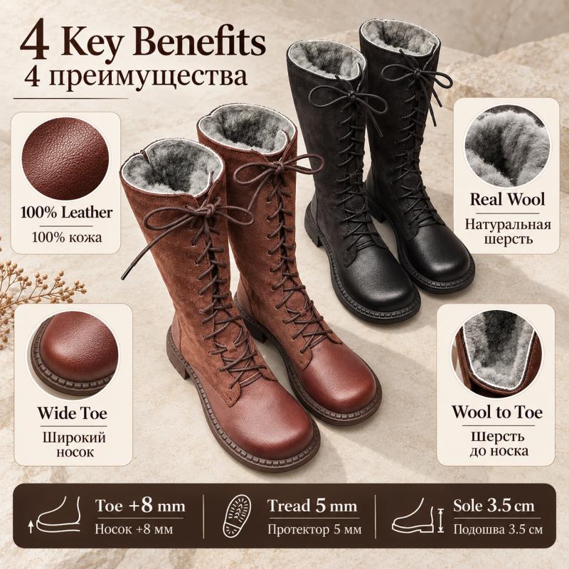 G&Zaco Luxury brand Knight Boots Genuine Leather Real Wool Women's Boots Knee-high Sheepskin Fur Anti Slip Thick Cotton Warm Lace Up Long Boots 3337
