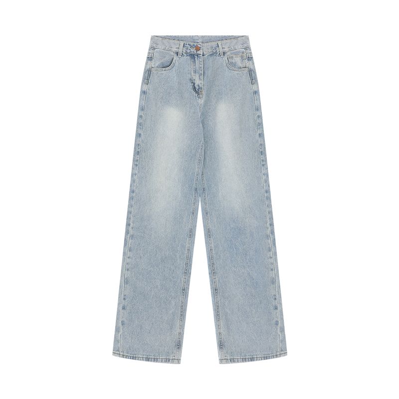 

Kumikumi High Waist Loose Easiest for Match Casual Denim Female Autumn Retro Washed Blue Straight Mopping Pants Blue XL