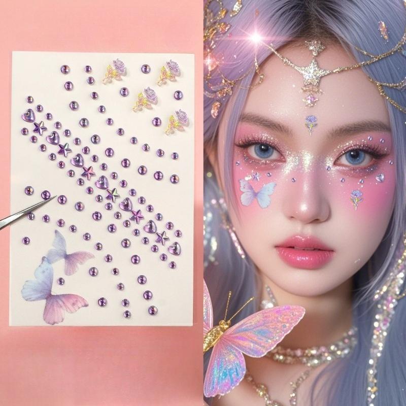 Neue Strass-Schmetterlings-Gesichtsaufkleber mit Perlen, temporäre Tattoo-Aufkleber, langlebig, wasserdicht, Glitzer-Lidschatten, Körper für Festival-Make-up