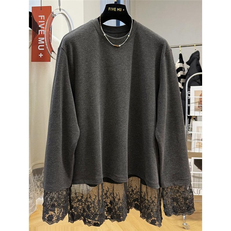 Lace Patchwork Fleece Sweatshirt Casual Loose Long Sleeve Top