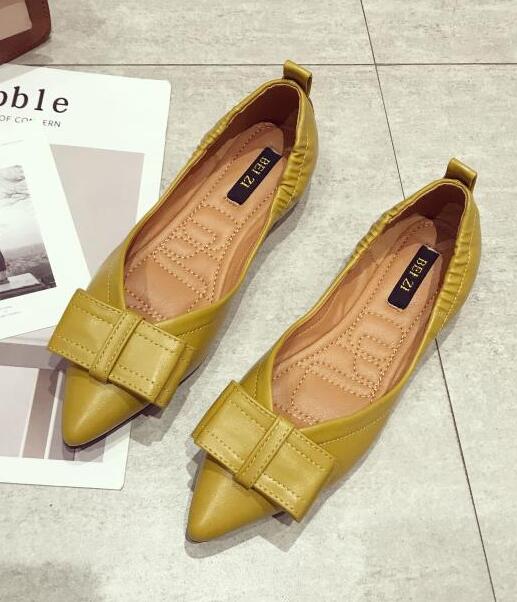 

уютные черные туфли-одинарки женские балетки с острым носком неглубокие лоферы с бантом эластичные слипоны туфли-лодочки мокасины из мягкой кожи 5 жёлтый