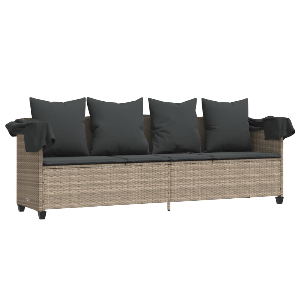 Vidaxl Sun Lounger with Canopy and Cushions, Light Gray, Poly Rattan