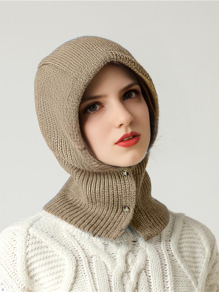 Women Knitted Wool Balaclava Hat Autumn Winter Soft Warm Wollen Scarf Beanies Button Adjustable Fashion Skullies Cap Girl