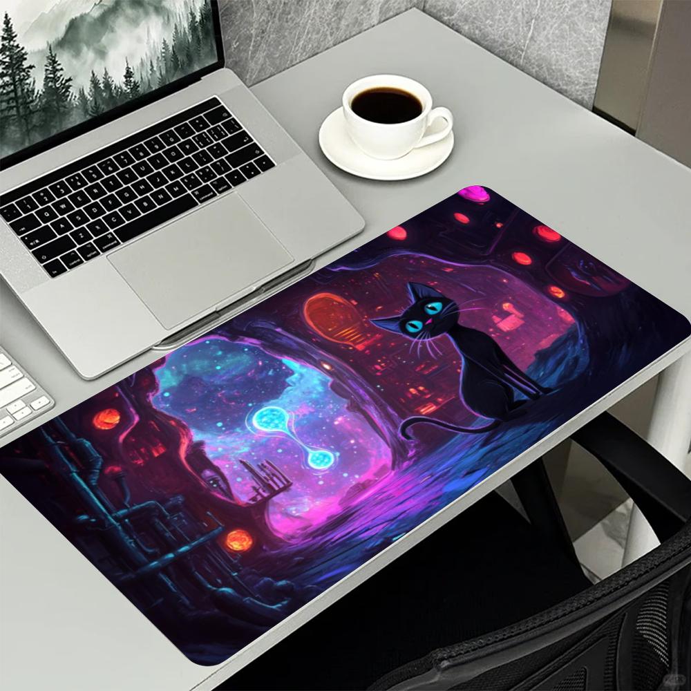 Black Cat Tombstone Neon Graveyard Cute Ghosts Xxl Gaming Desk Mat Non Slip Rubber Base Extended Mouse Pad For Halloween Fan