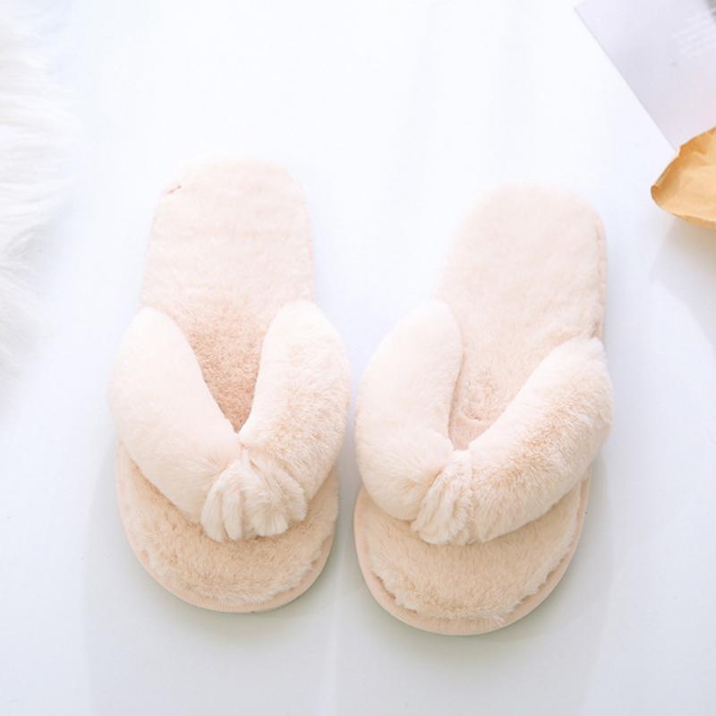 Women's winter home plush flip flops, comfortable wooden floor cotton slippers