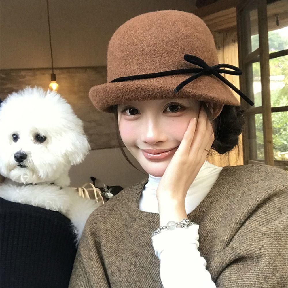 Elegant Woolen Bucket Hat Bowknot Wool Fisherman Hat Retro Hepburn Style Topper Hat Outdoor