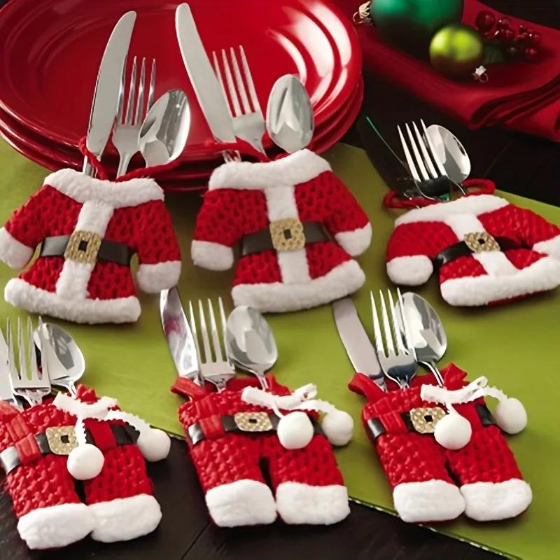 6pcs Christmas Cutlery Rack Pocket Set, Santa Set Spoon Knife and Fork Bag, Table Decoration, Christmas Silverware Rack