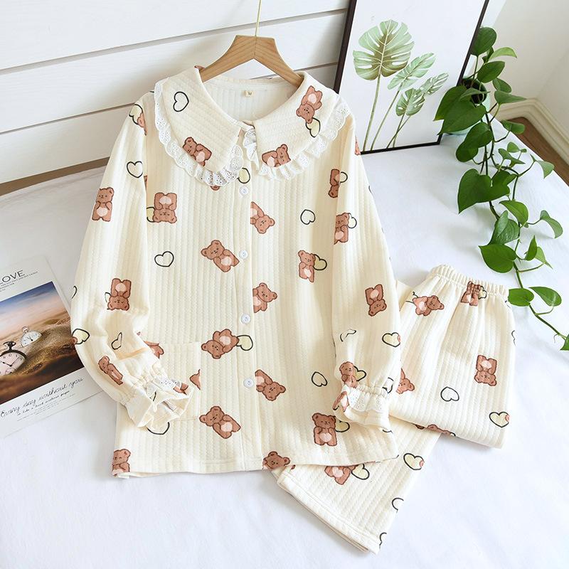 Fresh Sweet Winter Thicken Pajamas Sets Women Keep Warm 100% Scuba Cotton Quilted Long-sleeved Sleepwear