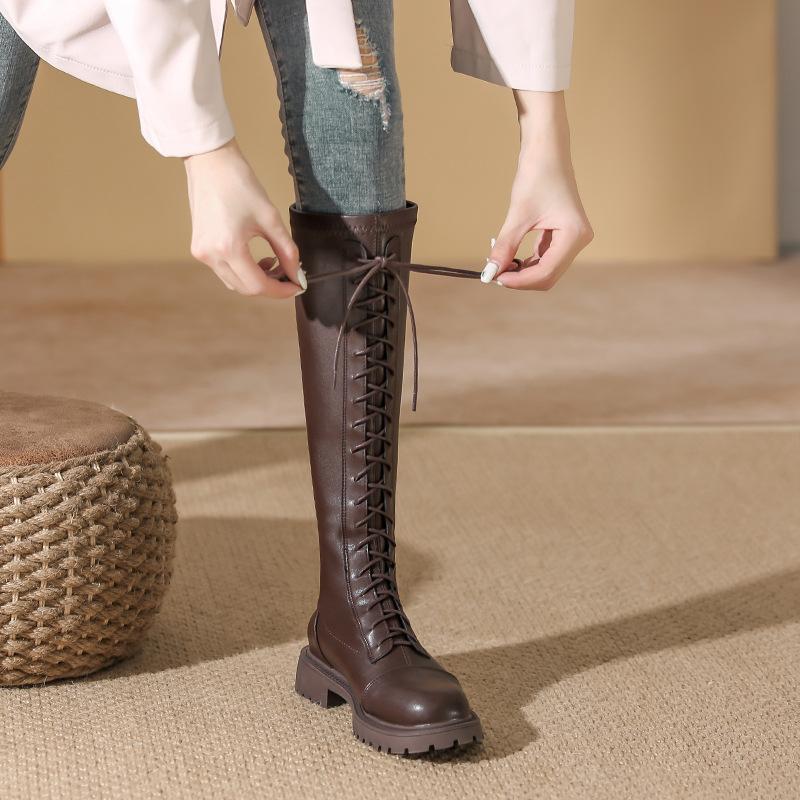 White knight boots women's autumn and winter soft leather lace-up thick-soled boots women's thick-heeled long boots high boots piled and thickened