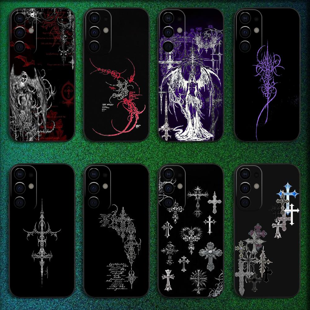 Gothic Cyber Sigil Cross Phone Case For Samsung S25,S24,S21,S22,S23,S30,Ultra,S20,Plus,Fe,Lite,Note,10,9,5G Black Cover