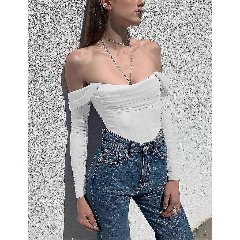 Women's Mesh Sheer Lace Puff Corset Crop Top Off Shoulder Sexy Pleated Chiffon Bustier For Cute Women Trendy - PJ