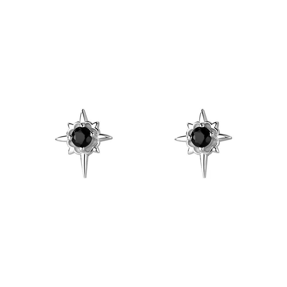 Beixi S999 Sterling Silver Star Earrings: Fashionable Eight-Pointed Studs with Black and White Cubic Zirconia